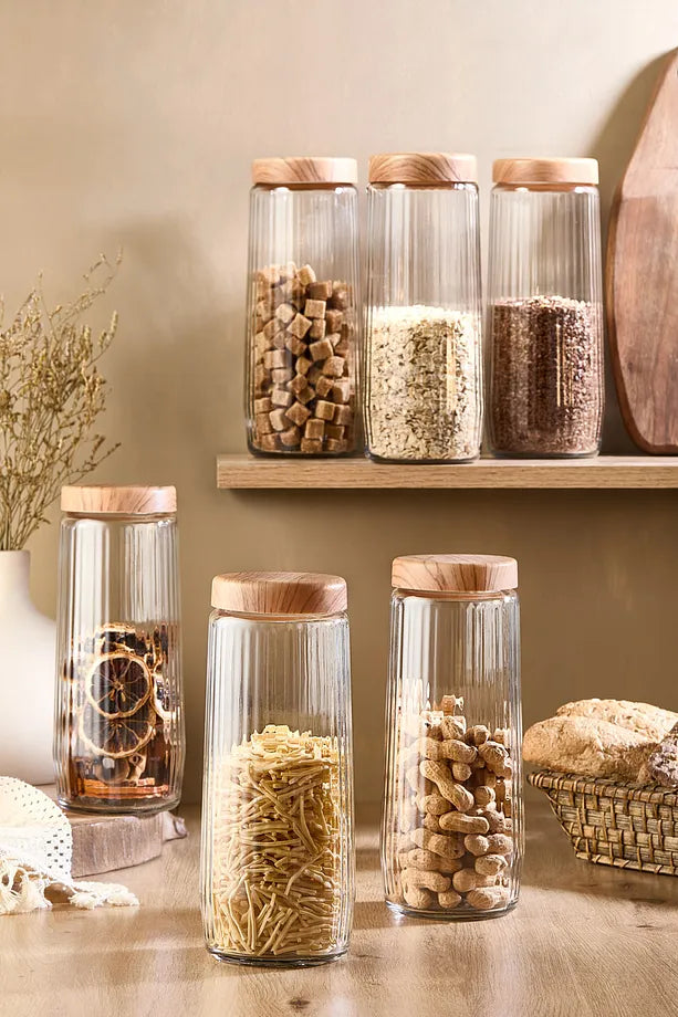 6-Piece 1.5L Mega Size Glass Storage Jar Set with Bamboo Look Lids – 1500 ml Ribbed Design