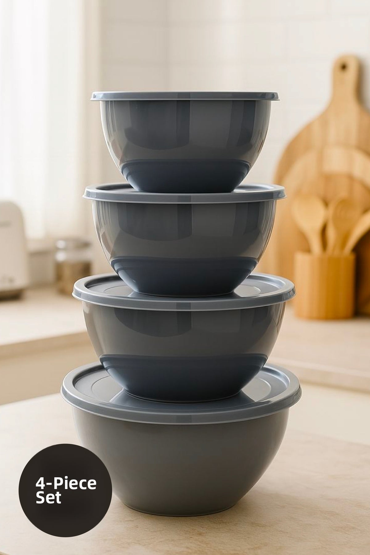 Set of 4 Round Bowls Anthracite | 1L, 1.5L, 2.3L, 3.3L | Multi-Purpose Kitchen Storage Container with Lid