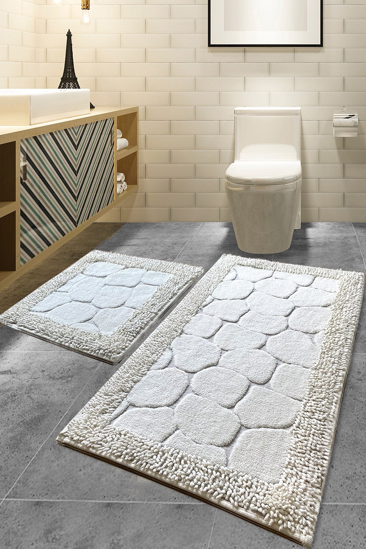 Set covorașe de baie (2 piese) Covoraș de baie antiderapant: 50 X 60 cm (1 bucată) Covoraș de baie: 60 X 100 cm (1 bucată) Piatră - Ecru