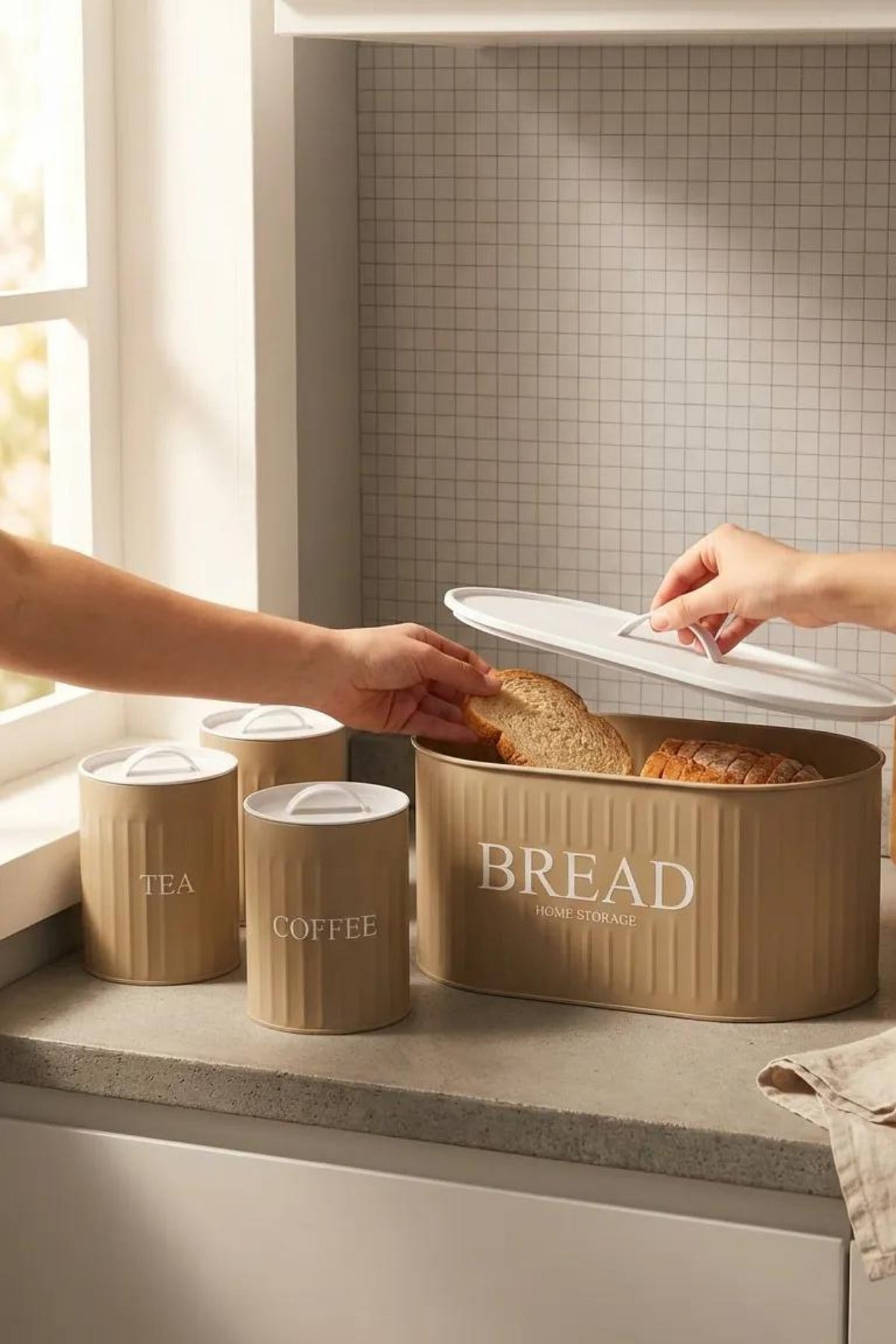 4-Piece Bread Box Set Metal Lid Tea Coffee Sugar Bowl Countertop Cabinet Organizer Storage Container Coffee