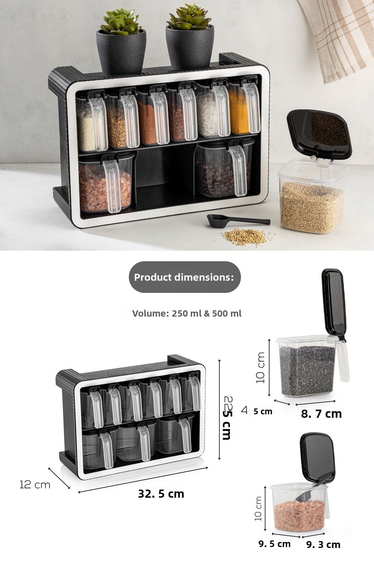 White Screen Printing Label 9-Piece Stand Self-Adhesive Spoon Spice Holder Set Black