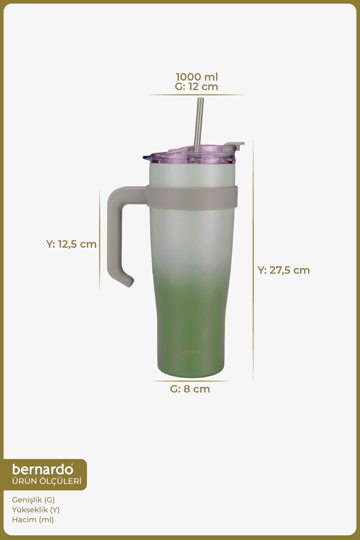 xCană termoizolantă cu pai Bernardo Alto, verde, 1000 ml