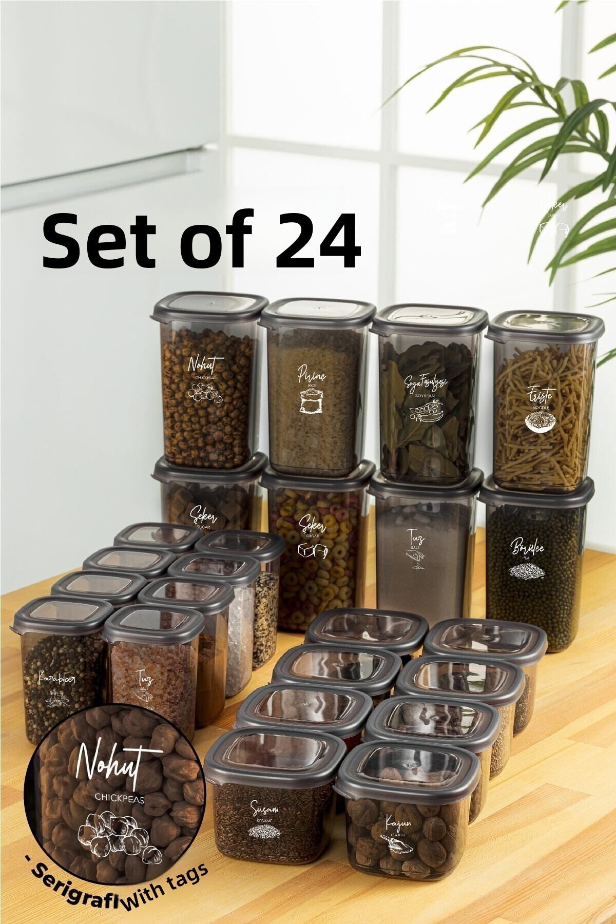 24-Piece Peggy Square Food and Spice Full Set with White Screen Printing Label 8x(1,2, 0,55, 0,45) Ant