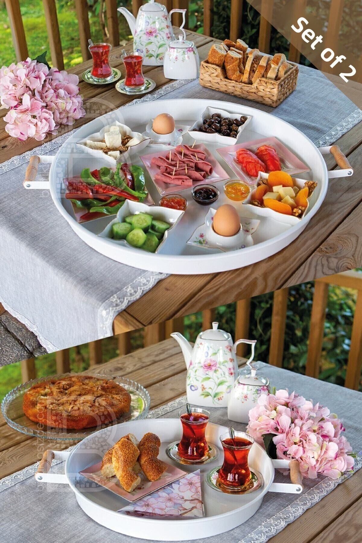 2 Pieces Wooden Handle 51 Cm Metal Tray and 37 Cm White Tray Tea Coffee Presentation Tray