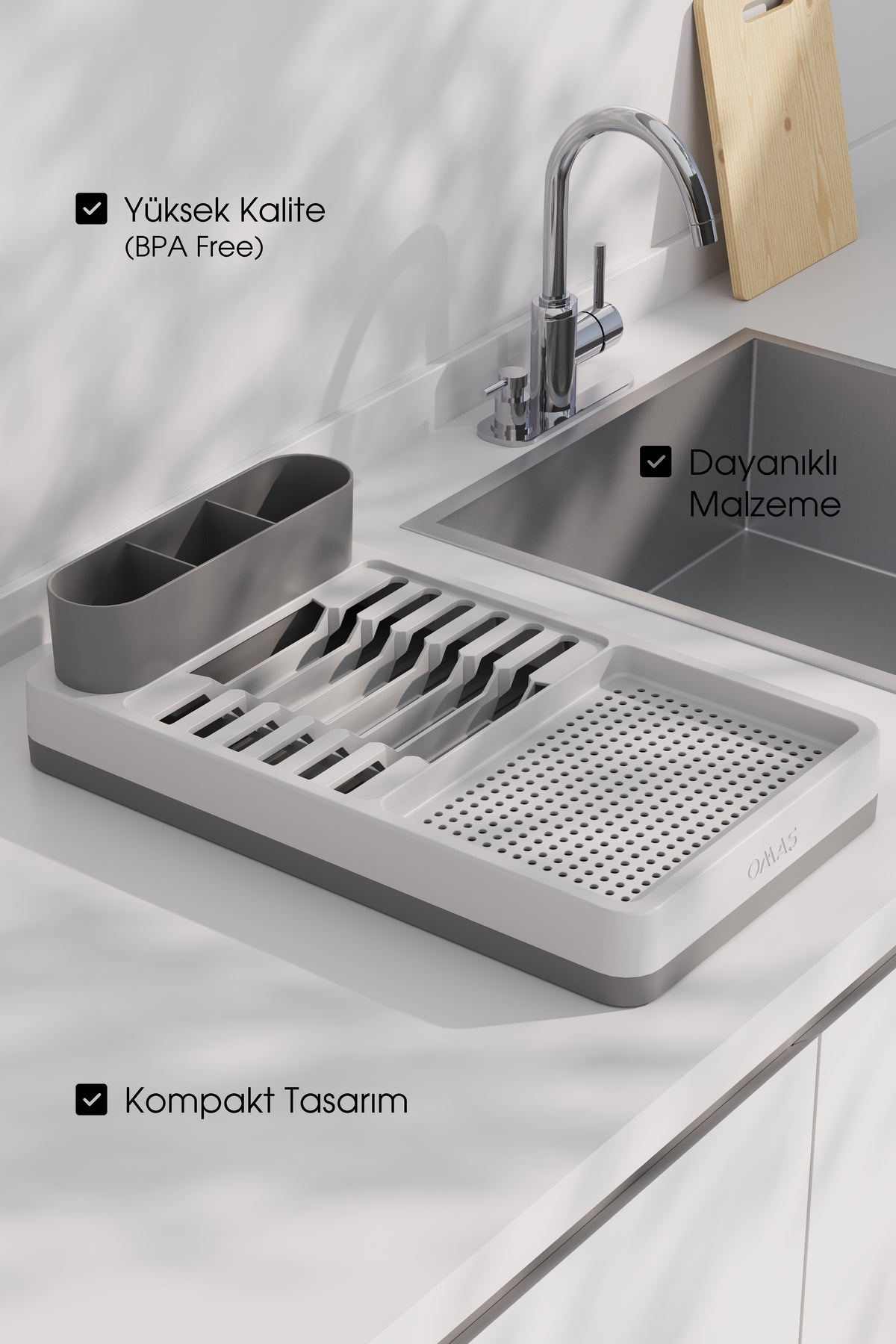 Coș de Spălat Vase și de Uscat Vase – 42x26 cm cu Mai Multe Compartimente Organizator Modern de Bucătărie Crem-Gri