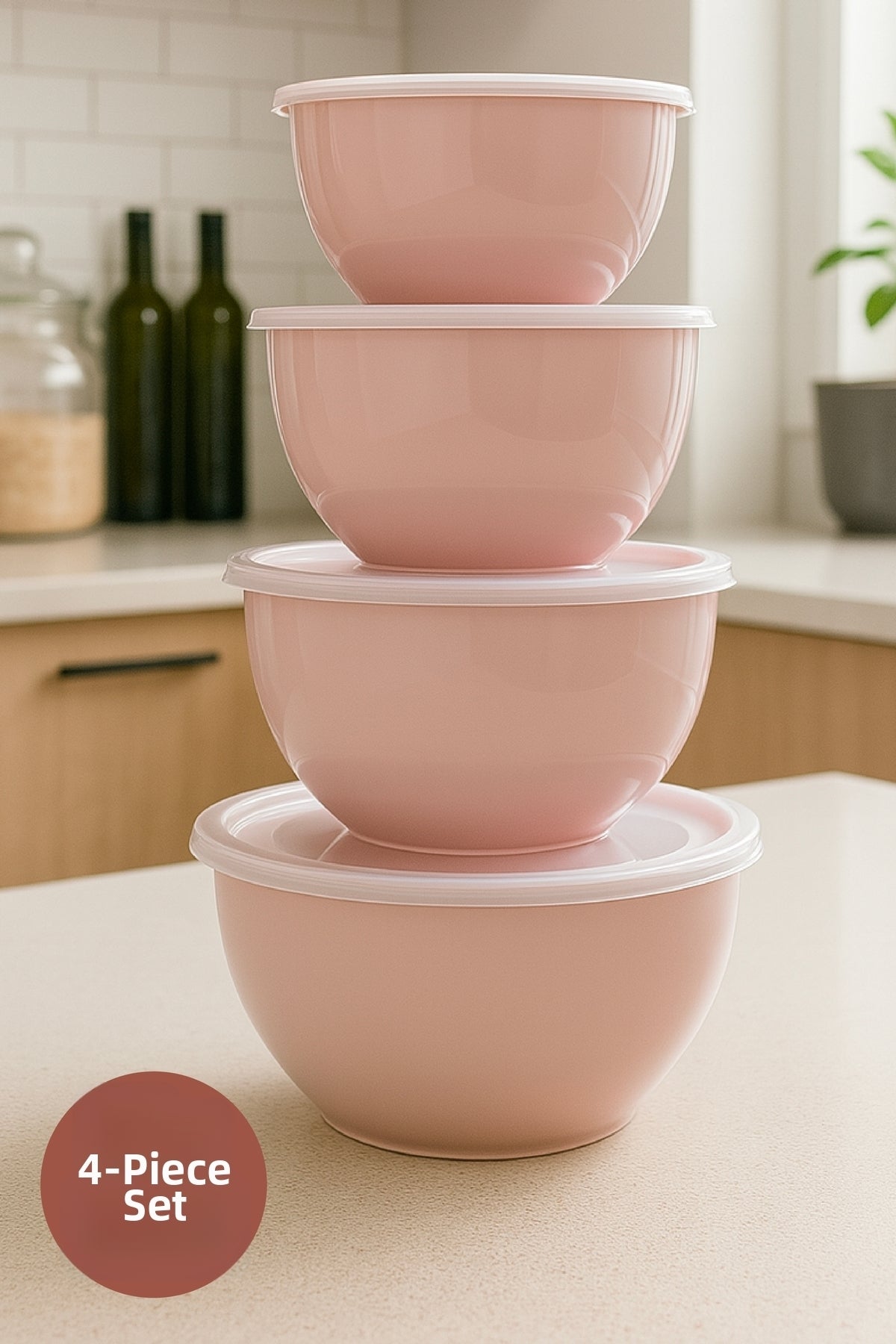 Set de 4 Boluri Rotunde Roz | 1L, 1,5L, 2,3L, 3,3L | Recipient de Depozitare Multifuncțional pentru Bucătărie cu Capac