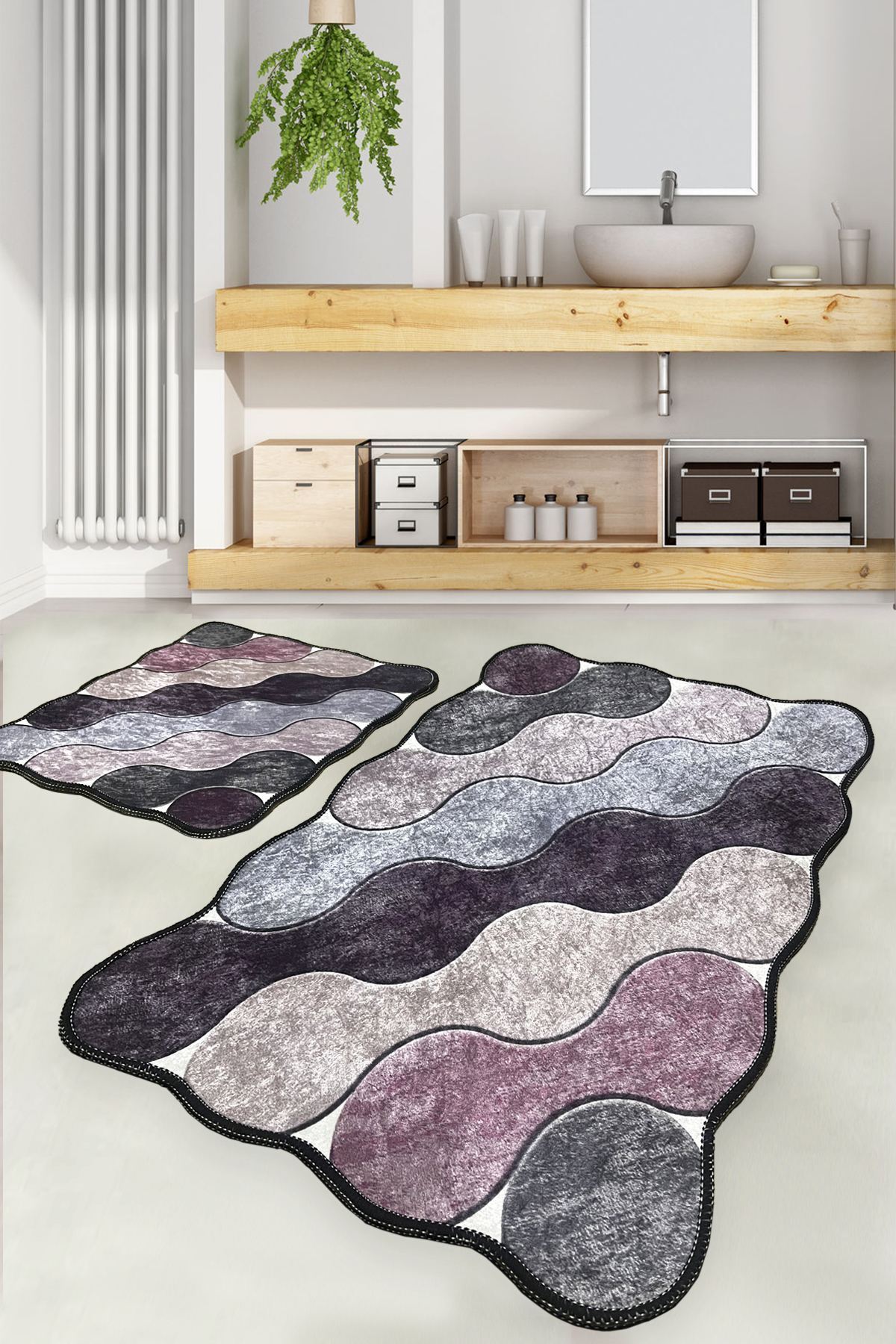 Set covorașe de baie (2 bucăți) Partea inferioară antiderapantă Dimensiune: 60 X 100 cm (1 bucată) Dimensiune: 50 X 60 cm (1 bucată) Cerc - Mov