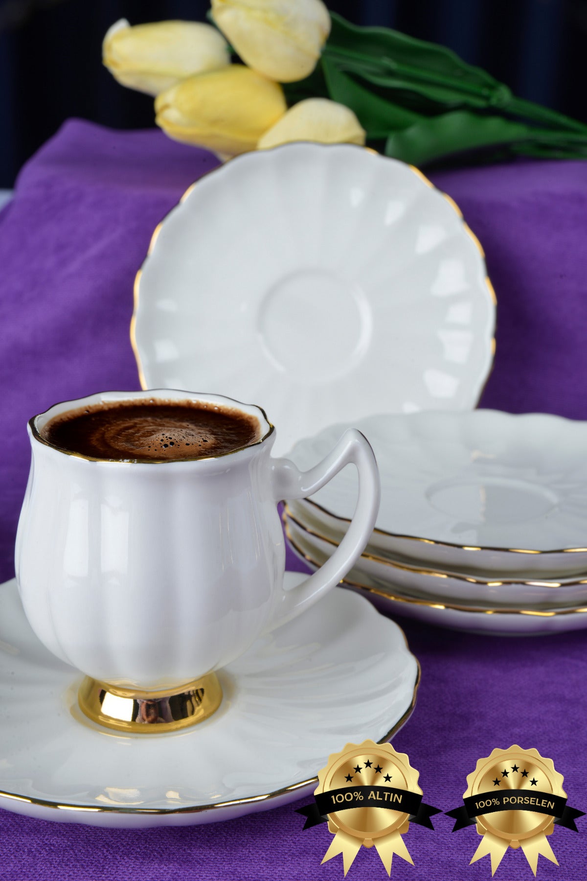 Lale 12 Parça 6 Kişilik Altın Yaldız 80 ml Porselen Kahve Fincan Takımı