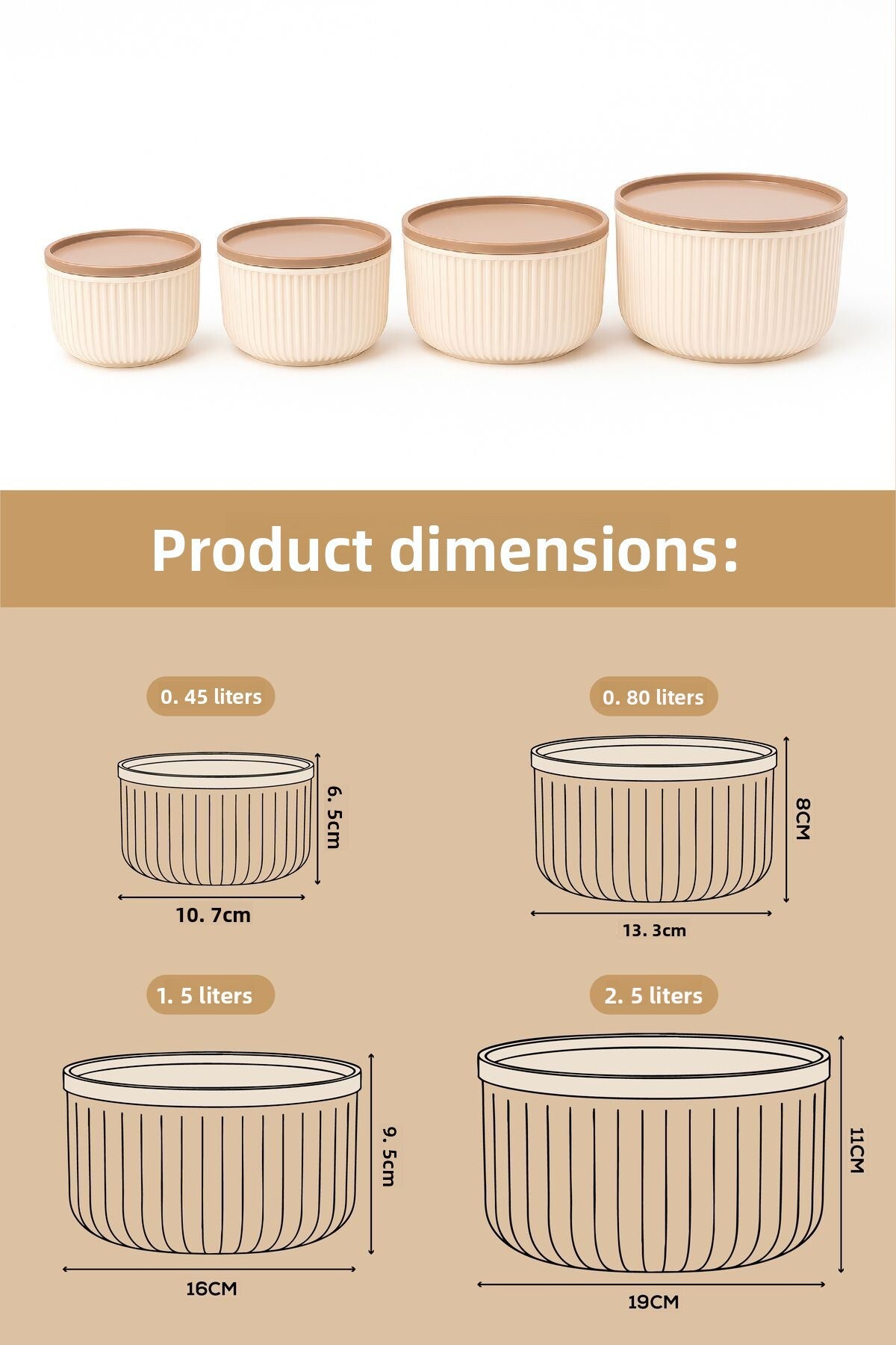 Set de 4 recipiente rotunde de depozitare cu dungi bej | 2,5L 1,5L 0,80L 0,45L | Compatibile cu cuptorul cu microunde și congelatorul