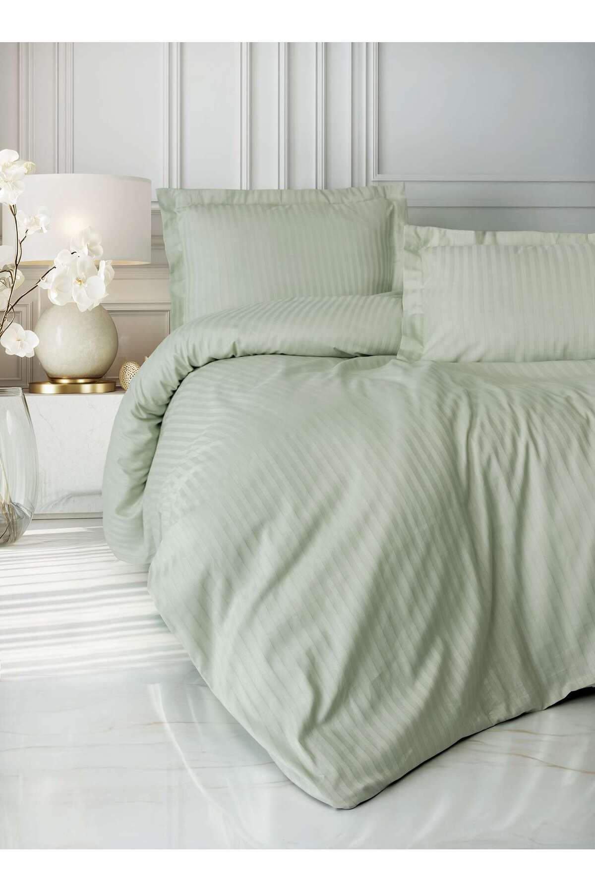 Set Husă Pilotă Dublă Satin Husă Pilotă: 200 X 220 Cm Cearșaf De Pat: 240 X 260 Cm Față De Pernă Oxford: 50 X 70 Cm (2 Bucăți) Verde Salvie