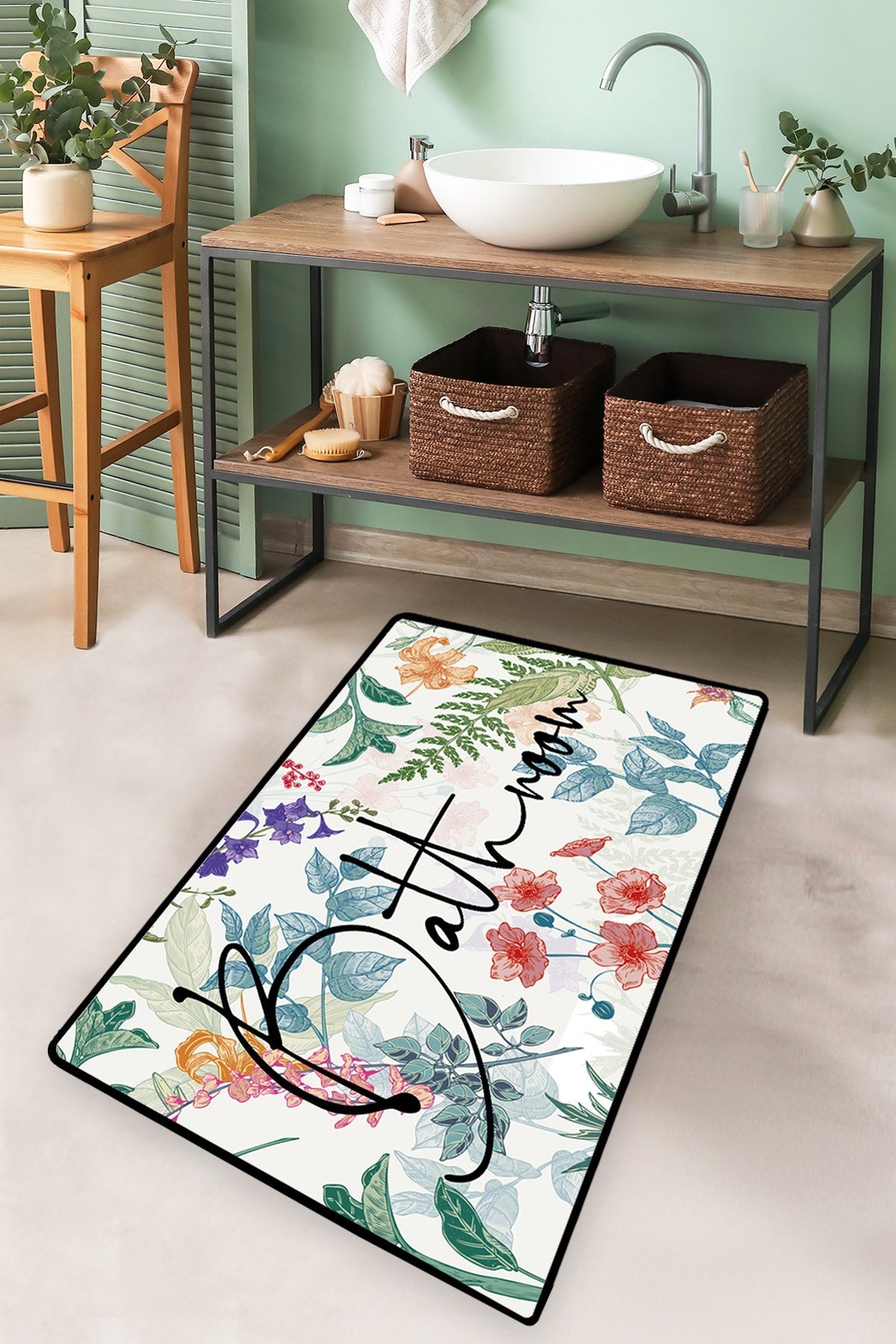 Covor de baie cu fund antiderapant Dimensiune: 70 x 120 cm (1 bucată) Verde cu flori