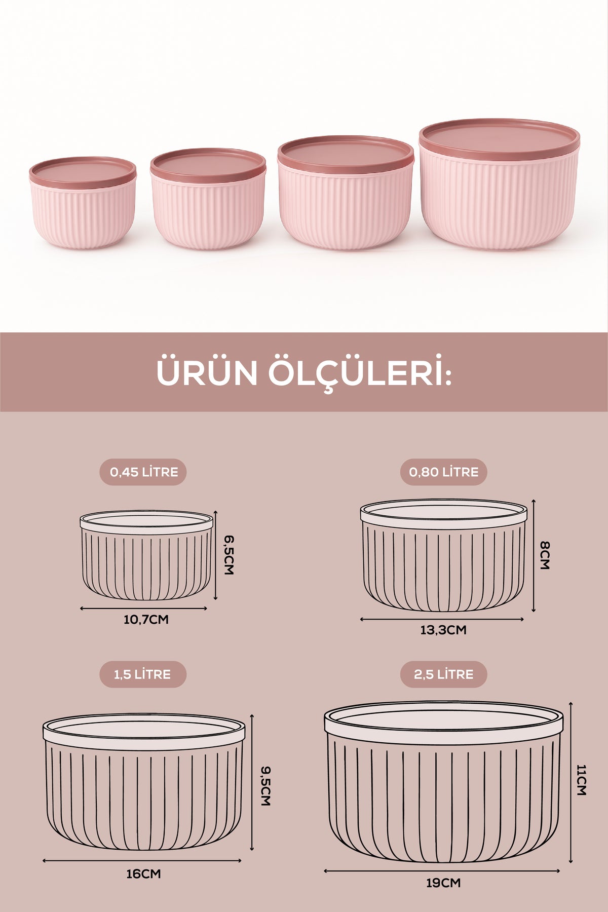 Set of 4 Round Storage Containers Pink | 2.5L 1.5L 0.80L 0.45L | Microwave and Freezer Compatible
