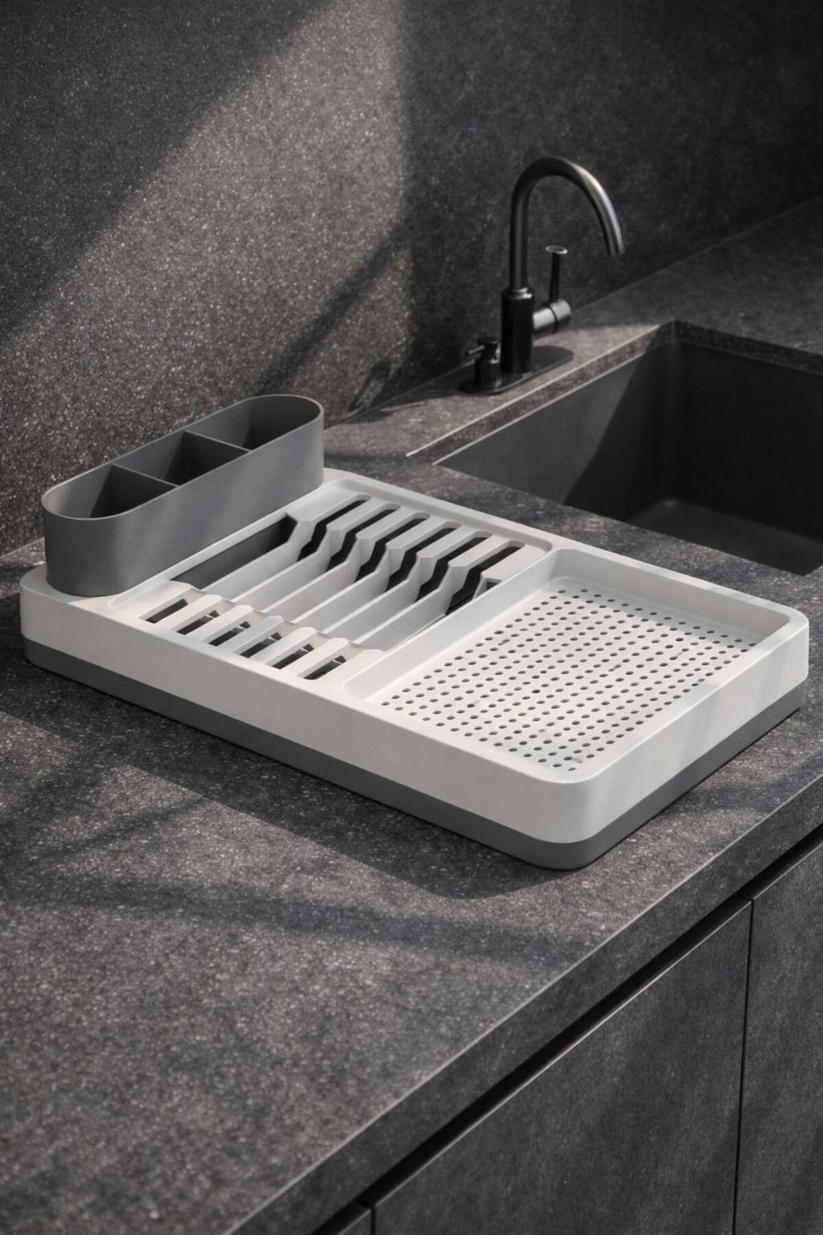 Uscător și Suport de Vase – 42x26 cm cu Multiple Compartimente Organizator Modern de Bucătărie Crem-Gri