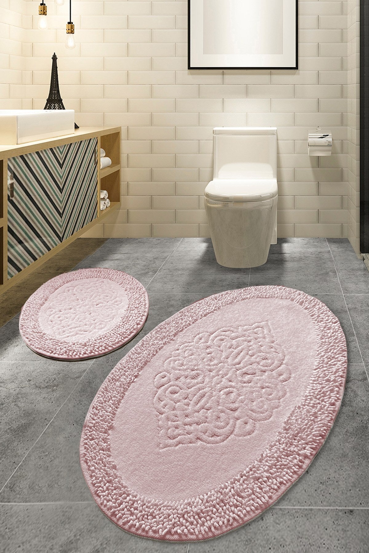 Set Covorașe Baie (2 Piese) Antiderapant Covoraș Baie: 50 X 60 Cm (1 Bucată) Covor Baie: 60 X 100 Cm (1 Bucată) Piante Oval - Roz