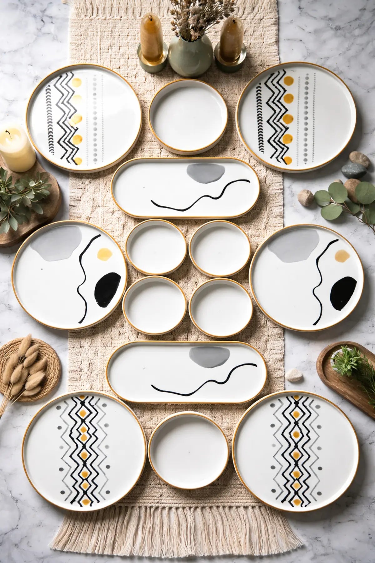 14 Piece Stackable Axial Breakfast Set for 6 People – Luxury Breakfast Serving Plate Set
