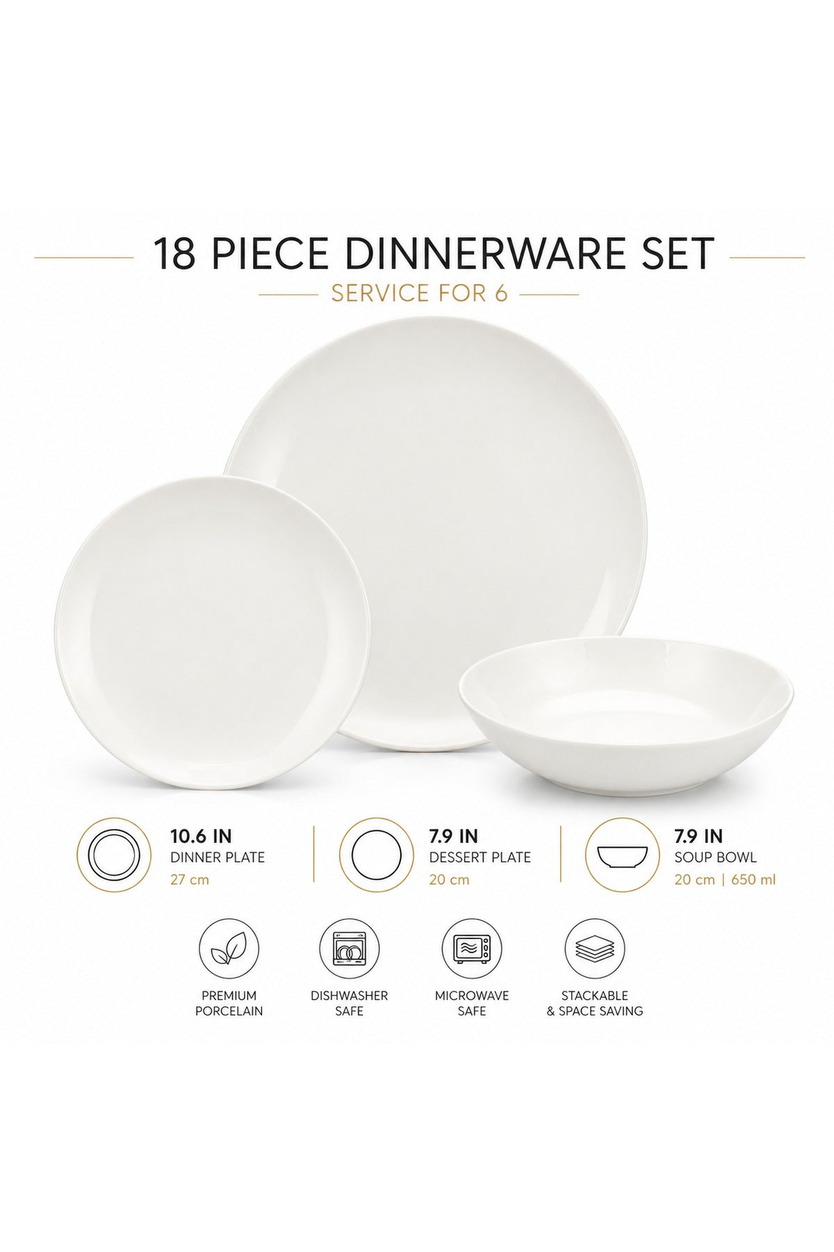 18-Piece Stackable White Dinner Set for 6 People - Premium Dinner Set