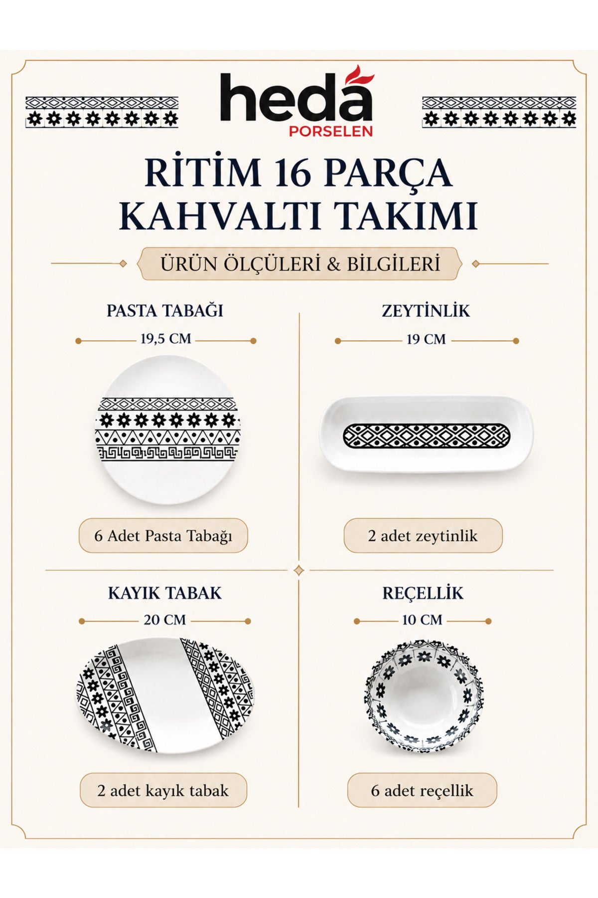 Ritim 16 Parça 6 Kişilik Porselen Kahvaltı Takımı