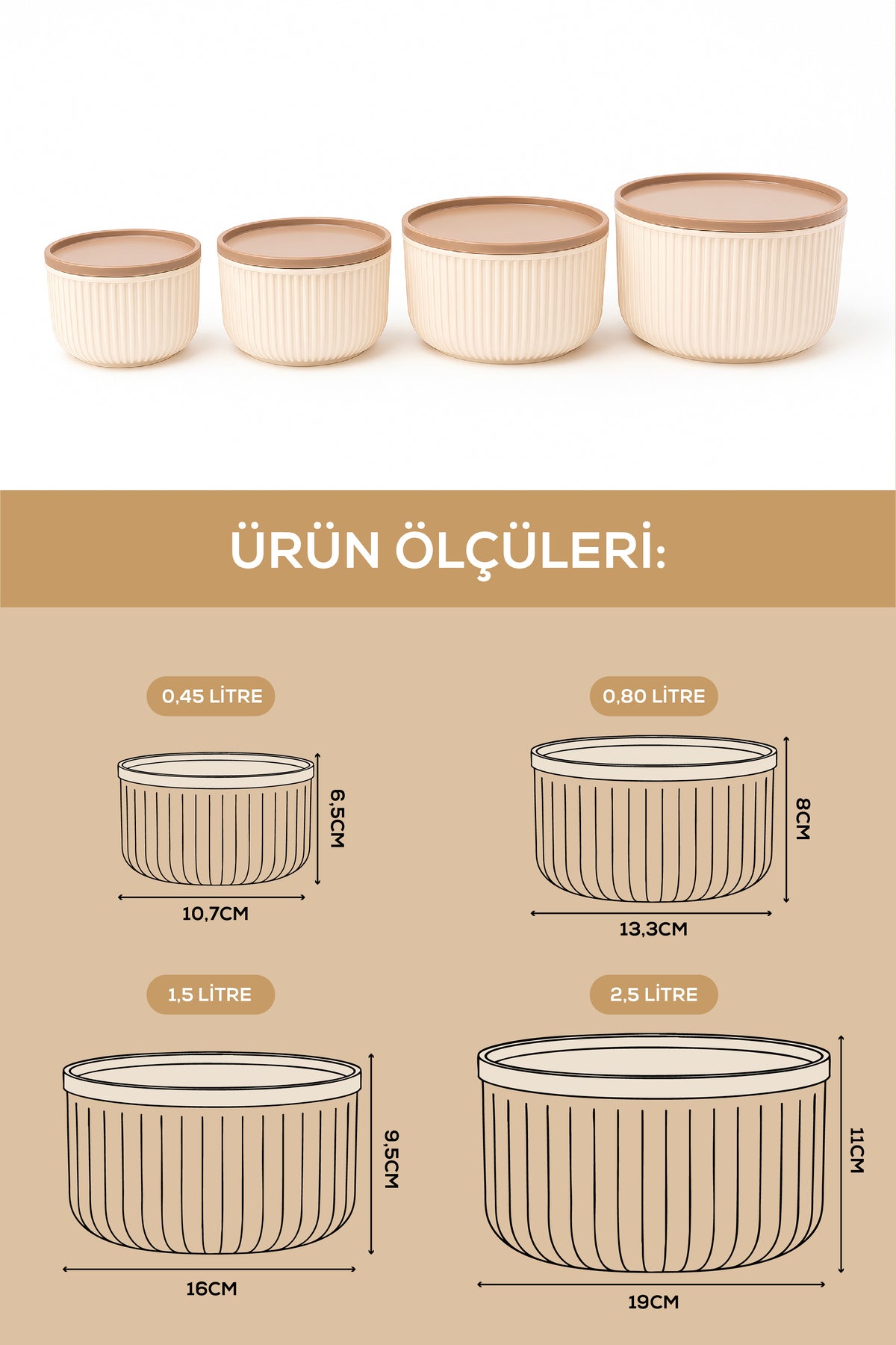 Set of 12 Striped Round Storage Containers Beige