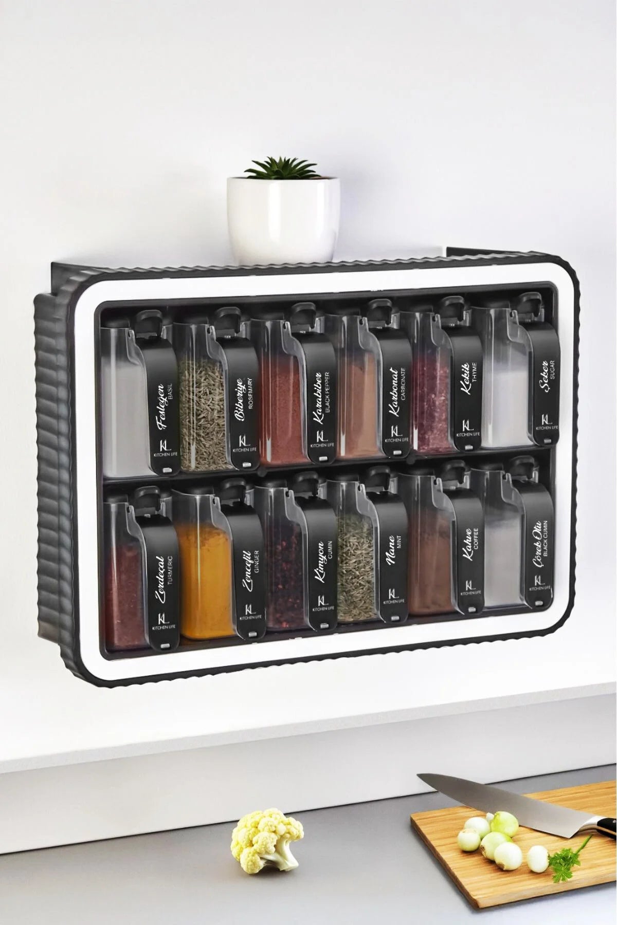 12-Piece Spice Jar Set with Stand – Self-Adhesive Wall-Mounted Spice Rack with Spoons & Labeled Lids