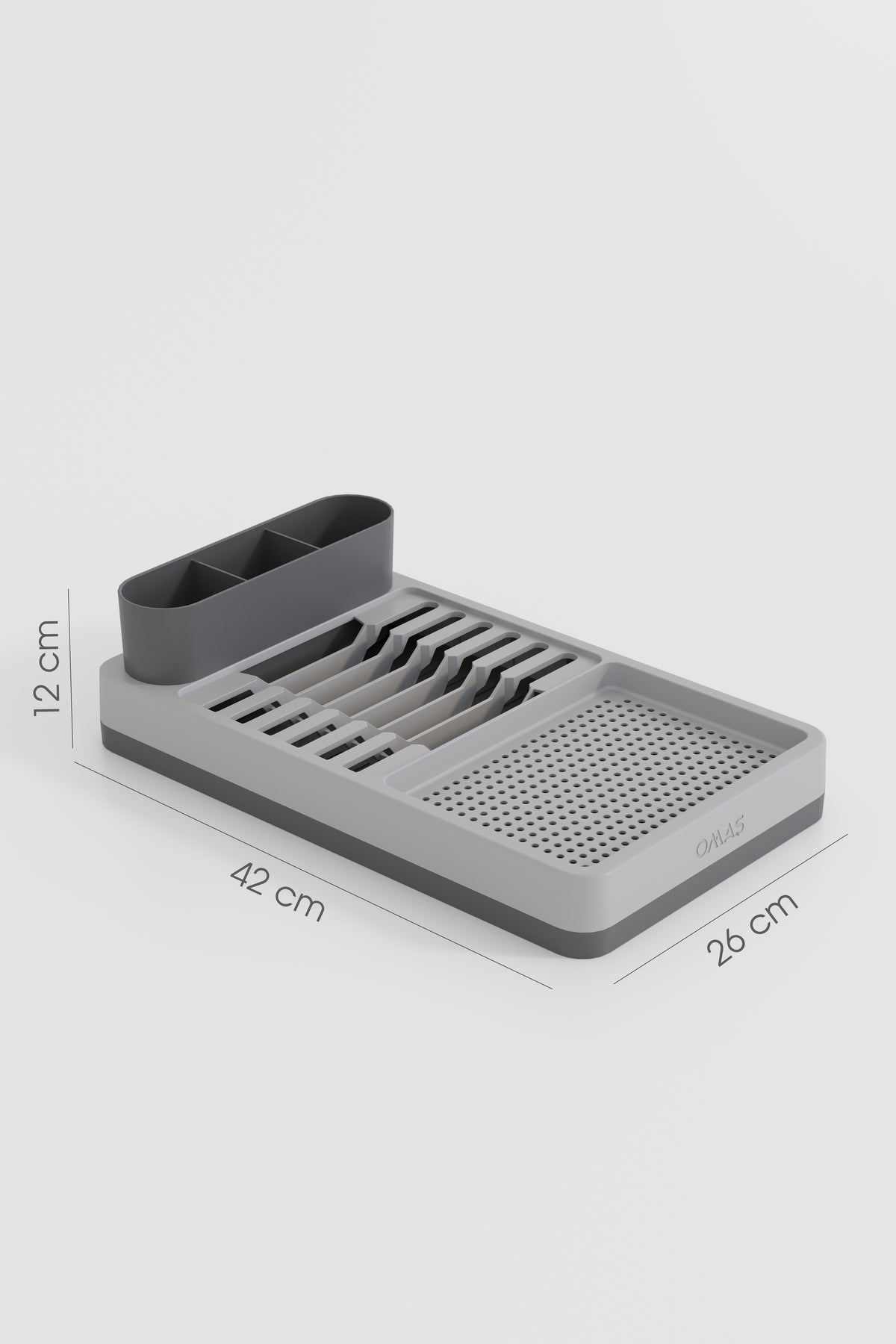Uscător și Suport de Vase – 42x26 cm cu Multiple Compartimente Organizator Modern de Bucătărie Crem-Gri