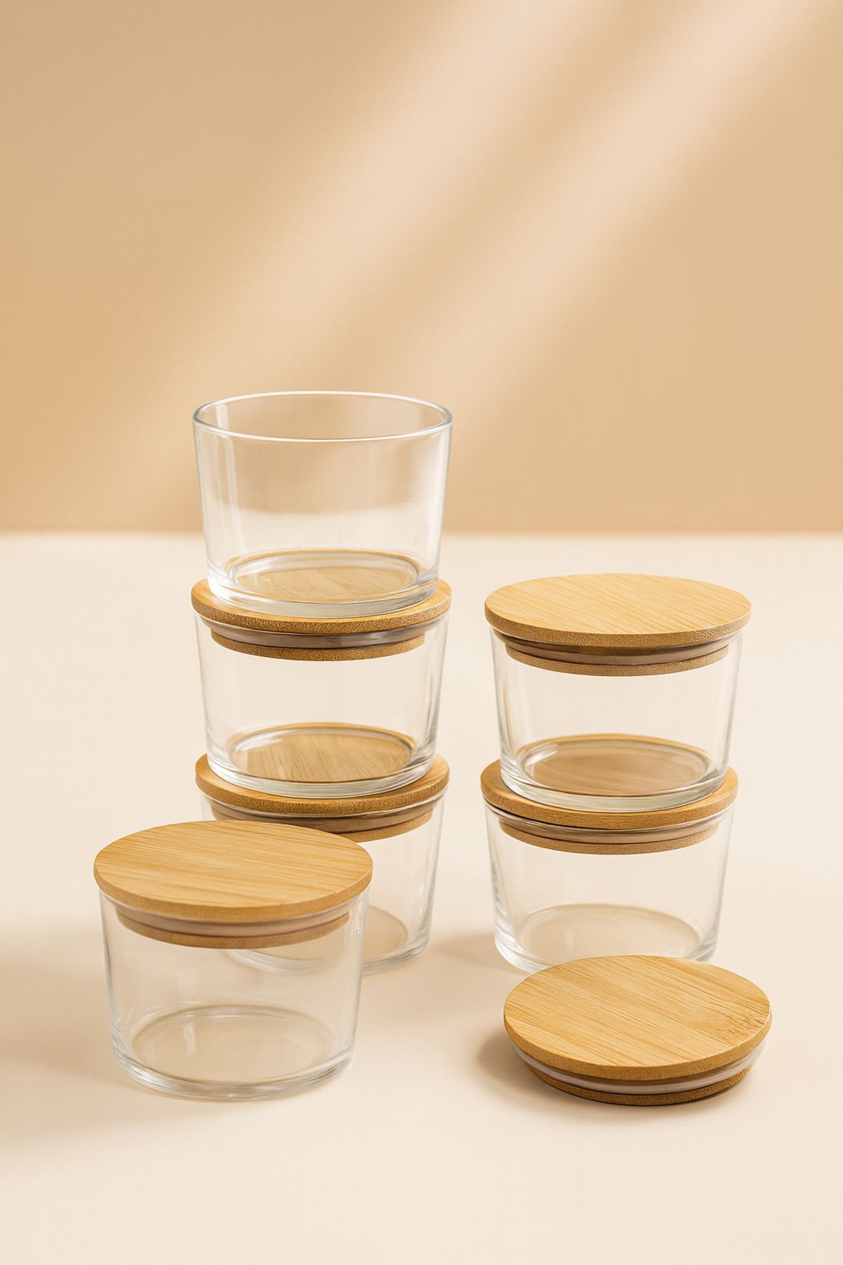 Set Cutii Depozitare (12 Piese) Dimensiune Sticlă: 8 X 8 X 5 Cm / 220 Ml (6 Piese) Capac Bambus: (6 Piese) Transparent