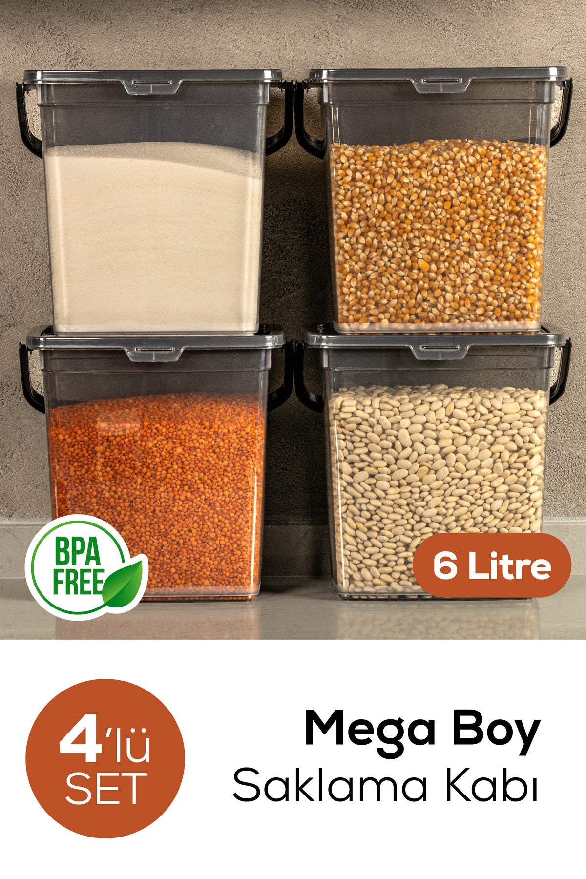 6 Liter Square Flour Pulses Container - Detergent Storage Box with 4 Anthracite Handles