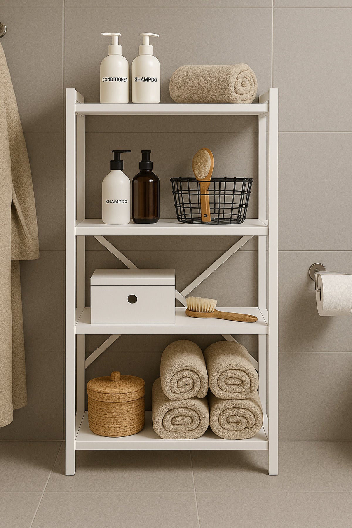 Cabinet metalic și din lemn multifuncțional cu 4 niveluri, alb – Raft pentru cărți, bucătărie, papetărie și baie – 60 x 30 x 120 cm