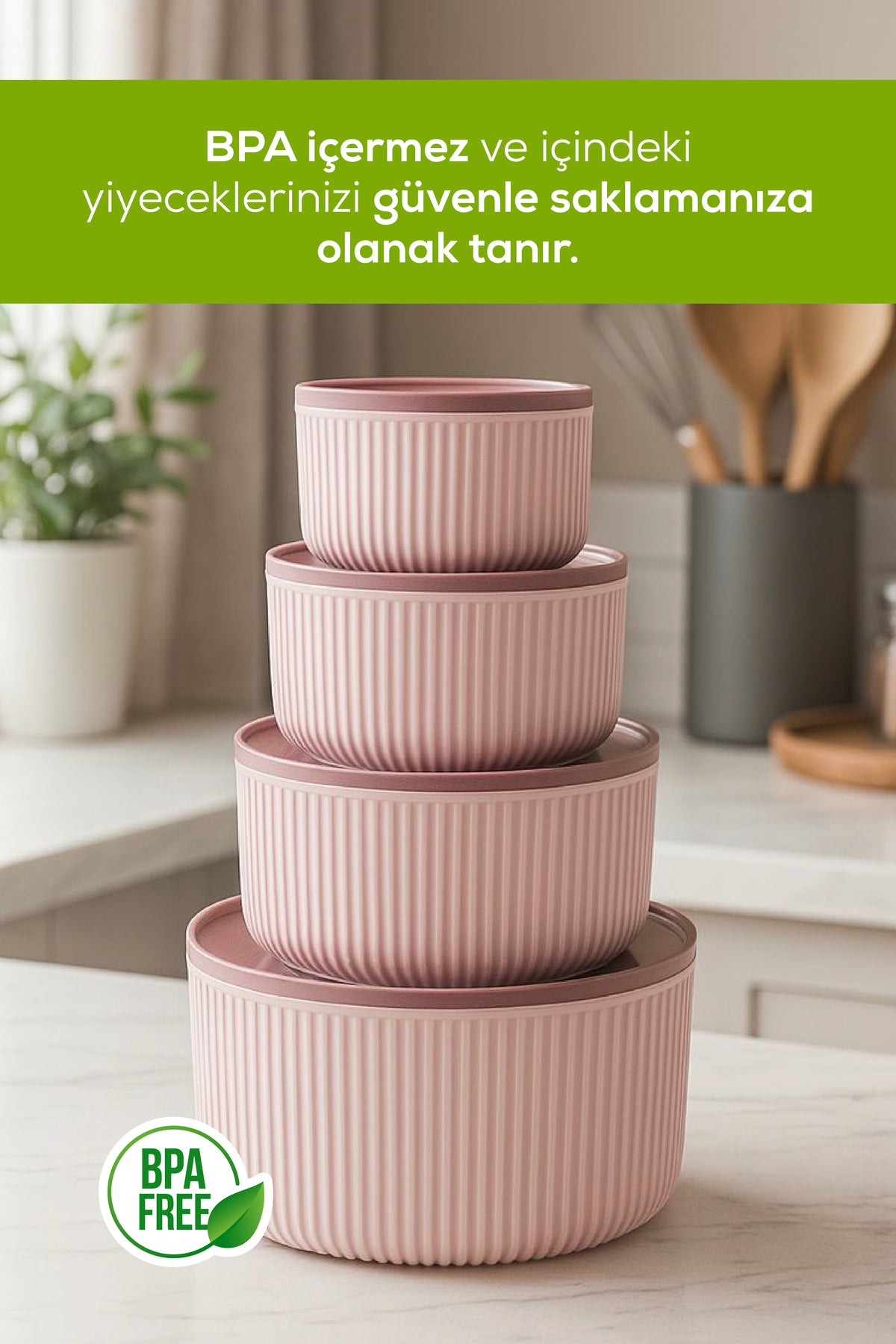 Set de 8 Recipiente Rotunde de Depozitare cu Dungi Roz | 2,5 1,5 0,80 0,45 L | Compatibil cu Cuptorul cu Microunde și Congelatorul