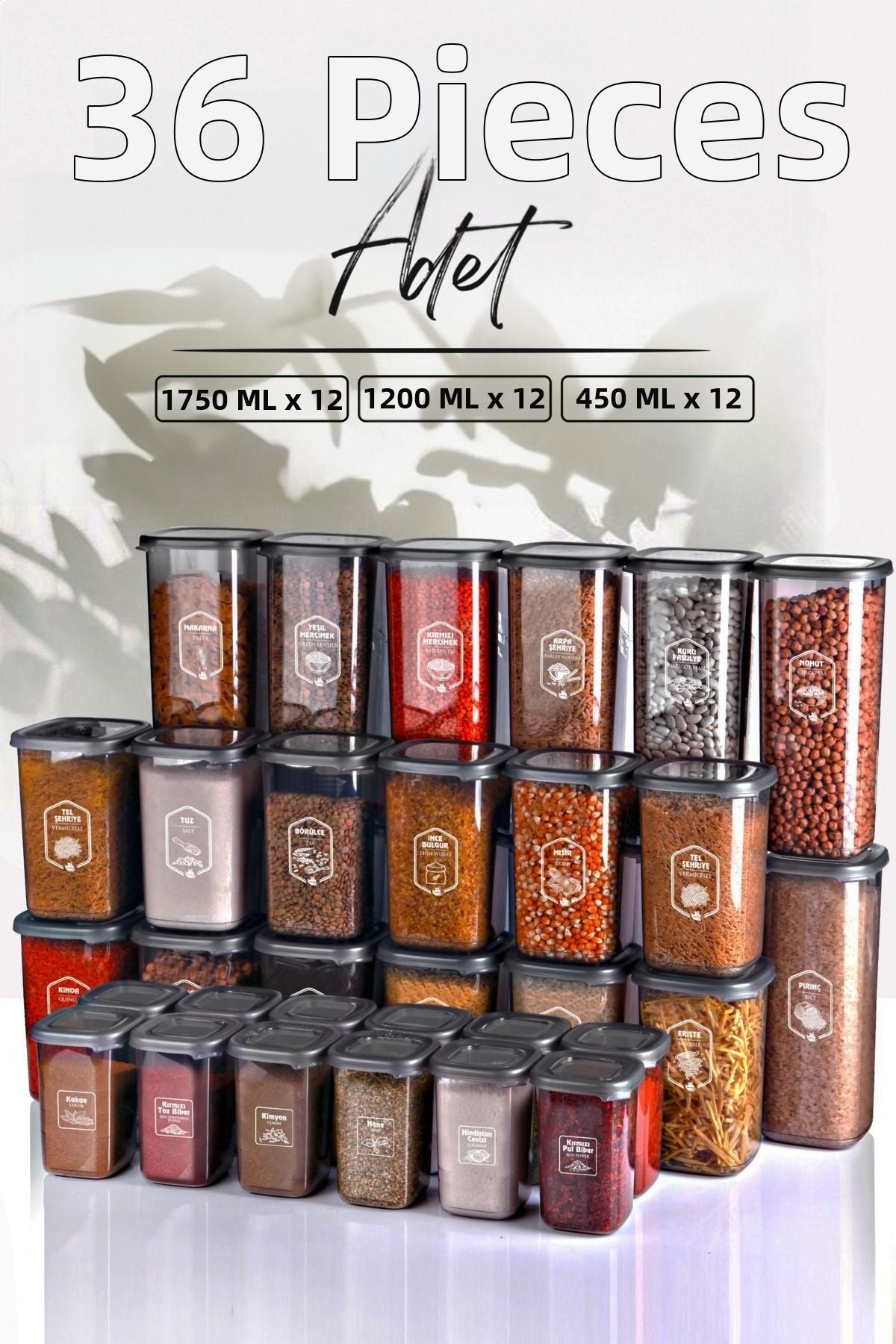 Full+Full Set 36-Piece Labeled Square Food Storage Container Set x12(1750ml-1200ml-450ml ) Microwave Set