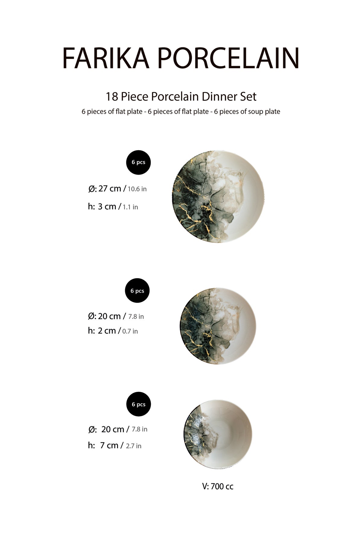 18-Piece Stackable Marble Dinner Set for 6 People - Premium Dinner Set