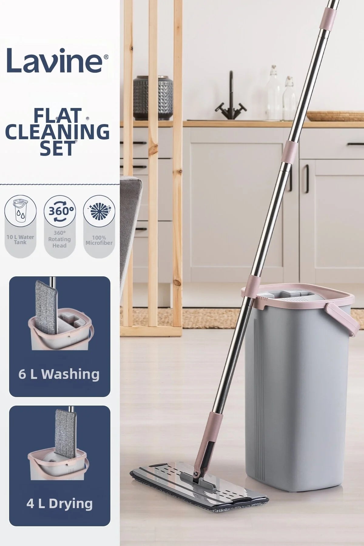 Flat Mop Cleaning Set – Gray | Premium Bucket System with Water Drain & Stainless Steel Handle