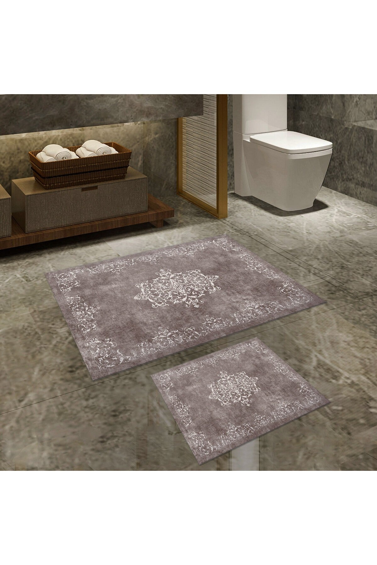 Bathmat Set (2 Pieces) Non-Slip Underside Bathmat: 50 X 60 Cm Bathmat: 60 X 100 Cm Taupe Grey