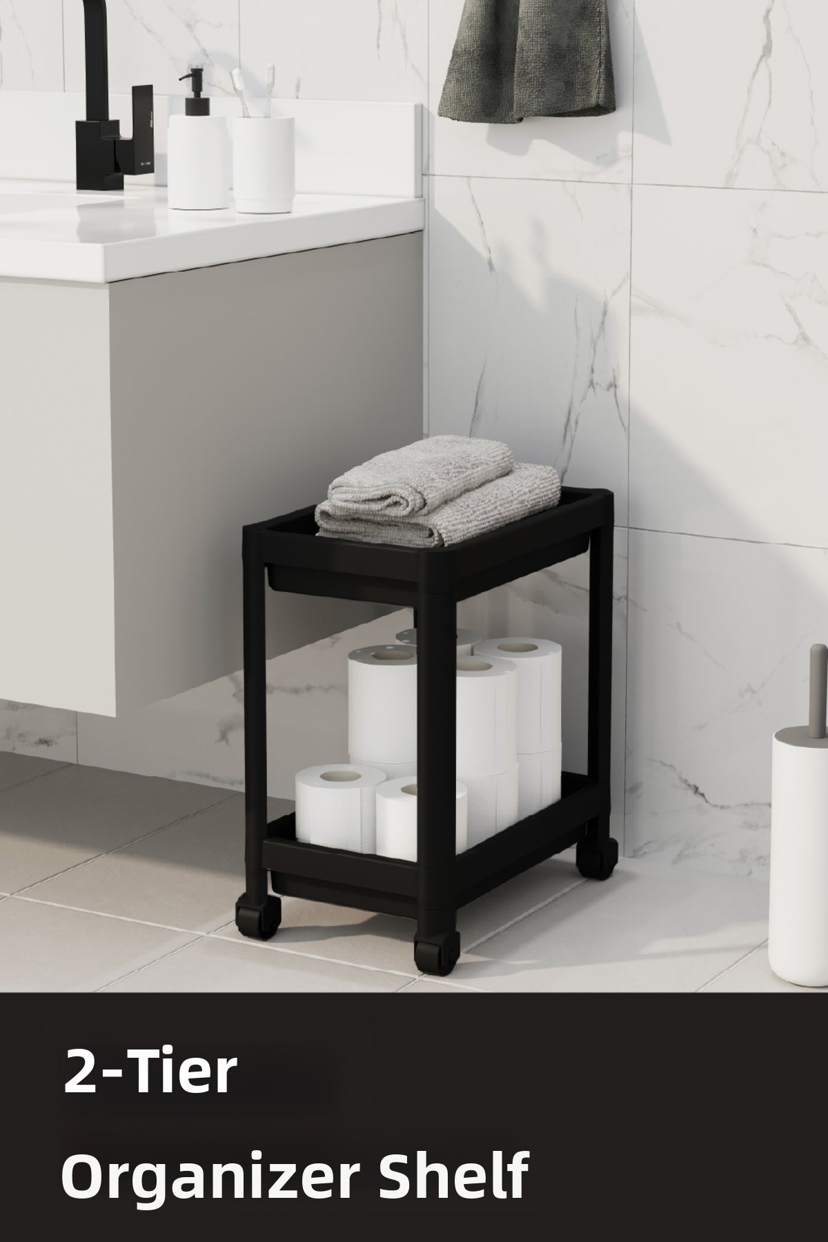 Black 2-Tier Organizer with Wheels - Shelf for Bathroom, Kitchen and under Sink