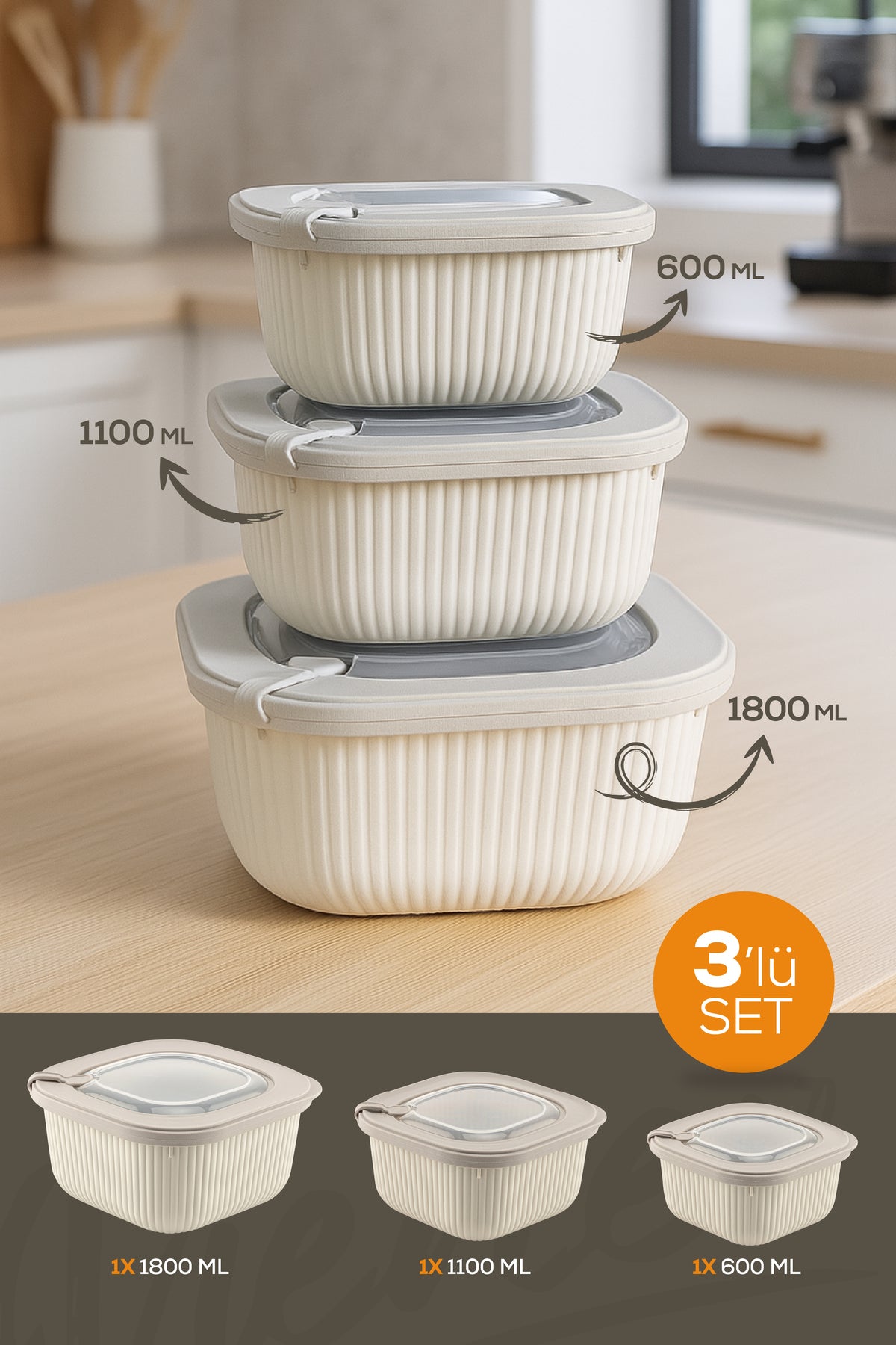 Set 3 piese de depozitare specială cu capac Vip Bej, potrivite pentru microunde și congelator