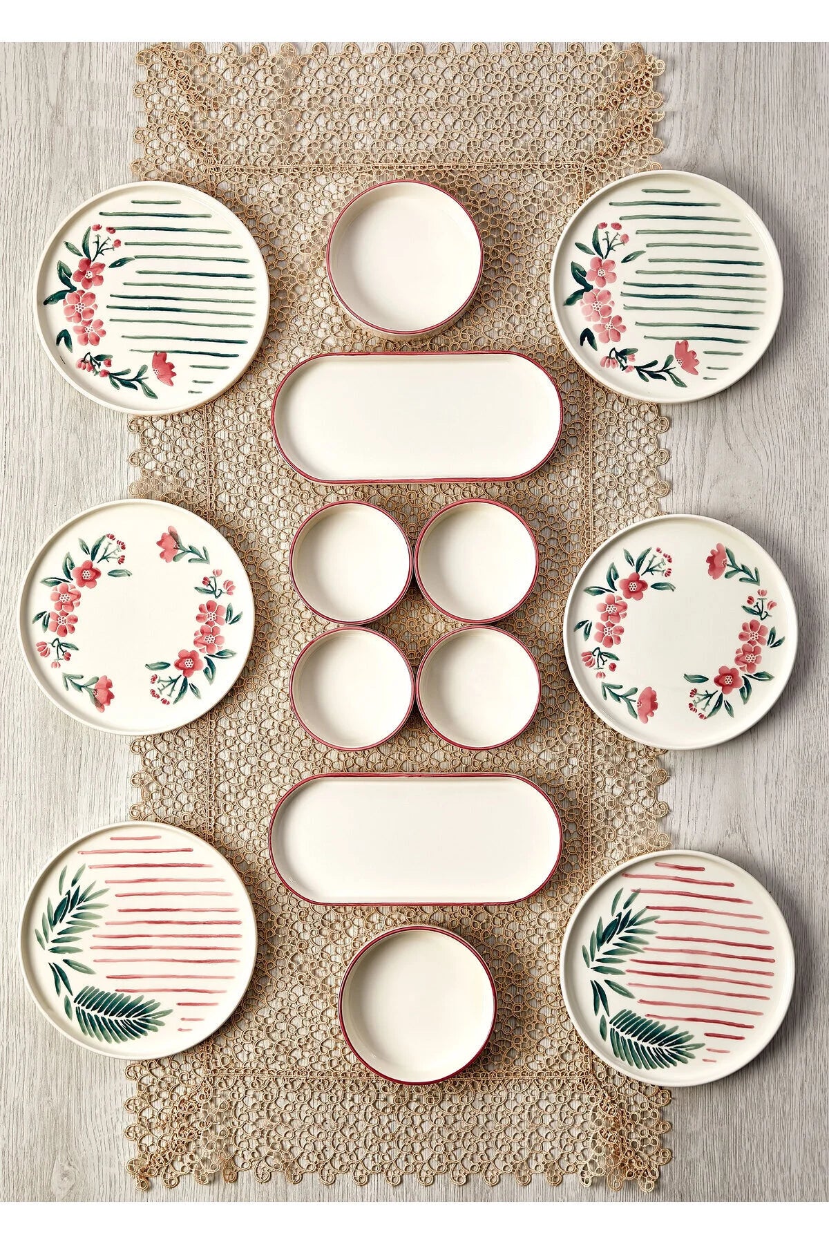 14 Piece Stackable Sakura Breakfast Set for 6 People - Luxury Breakfast Serving Plate Set