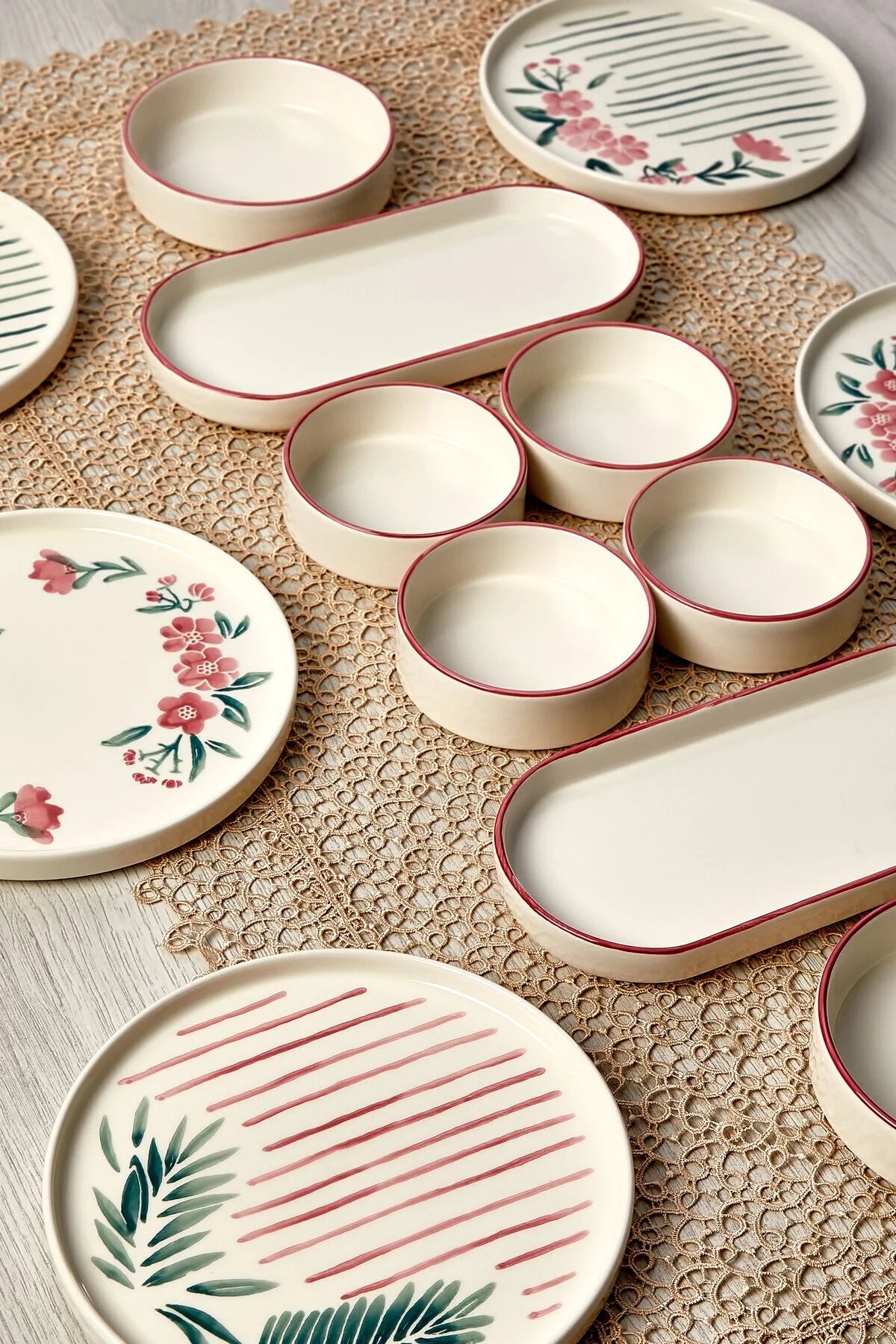 14 Piece Stackable Sakura Breakfast Set for 6 People - Luxury Breakfast Serving Plate Set