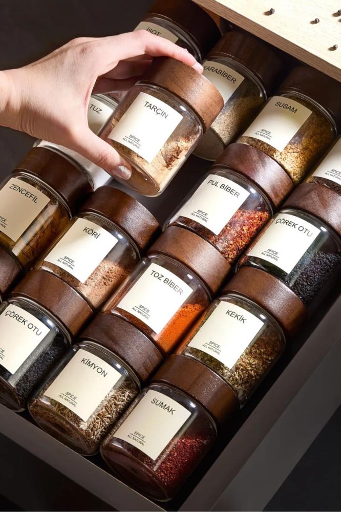 Acassia 12-Piece Borosilicate Glass Spice Jar Set with Acacia Wood Lids