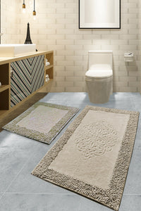Set Covorașe de Baie (2 Piese) Antiderapante pe Dos Covoraș de Baie: 50 X 60 Cm (1 Bucată) Covor de Baie: 60 X 100 Cm (1 Bucată) Piante - Bej