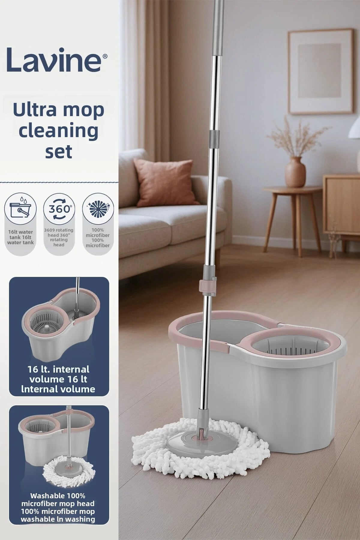 360 Ultra Premium Mop Cleaning Set – 16L Bucket with Rotating Head & Stainless Steel Handle (Grey)