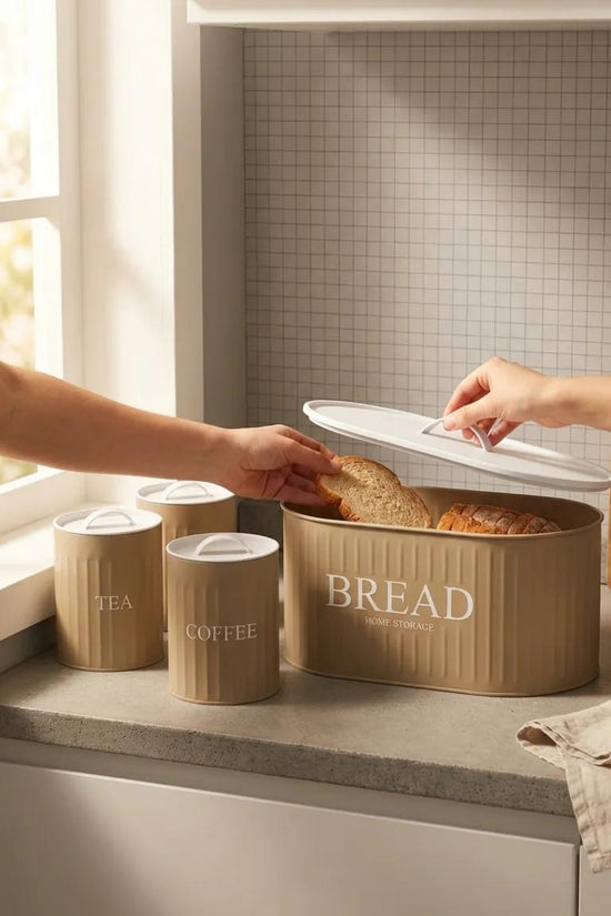 Set 4 Piese Cutie Pâine Capac Metalic Ceai Cafea Zahăr Bol Organizator Dulap Blat Recipient Depozitare Cafea