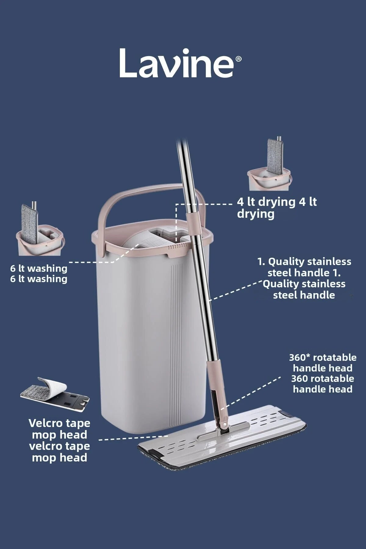 Flat Mop Cleaning Set – Gray | Premium Bucket System with Water Drain & Stainless Steel Handle