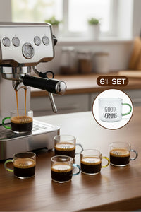 Set of 6 Glass Espresso Cups with Colorful Handles and Good Morning Written on Them - 95 ml