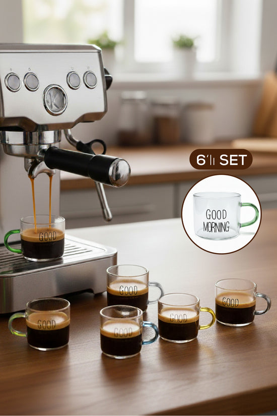 Set of 6 Glass Espresso Cups with Colorful Handles and Good Morning Written on Them - 95 ml