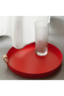 Dekoratif Sunum Tepsisi 33 cm Metal Deri Kulplu Yuvarlak Tepsi