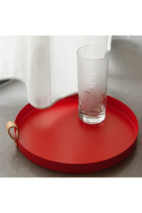 Dekoratif Sunum Tepsisi 33 cm Metal Deri Kulplu Yuvarlak Tepsi