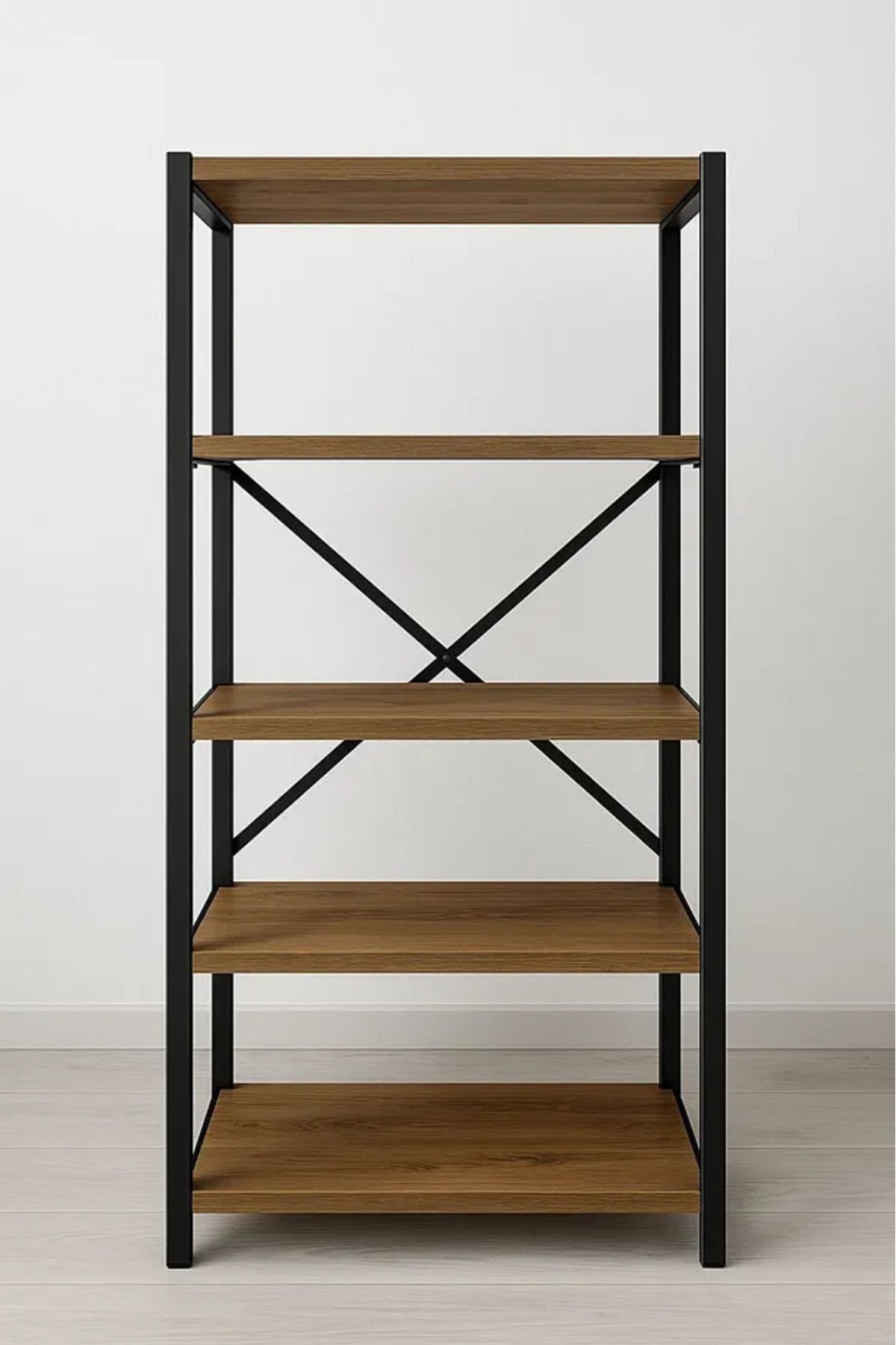 5-Tier Multi-Purpose Metal & Wood Cabinet Black & Pine – Bookshelf, Kitchen, Stationery & Bathroom Shelf – 60 x 30 x 150 cm