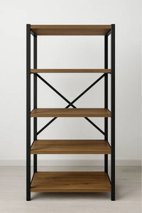 5-Tier Multi-Purpose Metal & Wood Cabinet Black & Pine – Bookshelf, Kitchen, Stationery & Bathroom Shelf – 60 x 30 x 150 cm