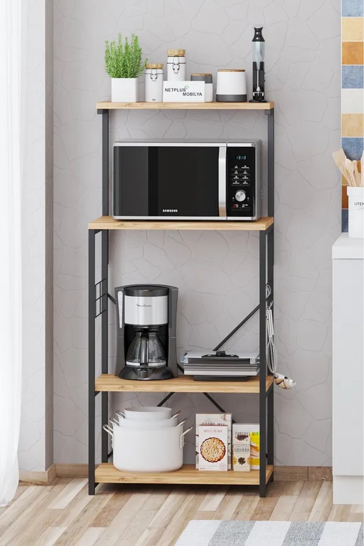 Dulap de colț pentru cafea Suport pentru cuptor cu microunde cu rafturi Negru & Pin – Organizator de bucătărie / Consolă de bucătărie 52 x 36 x 130 cm