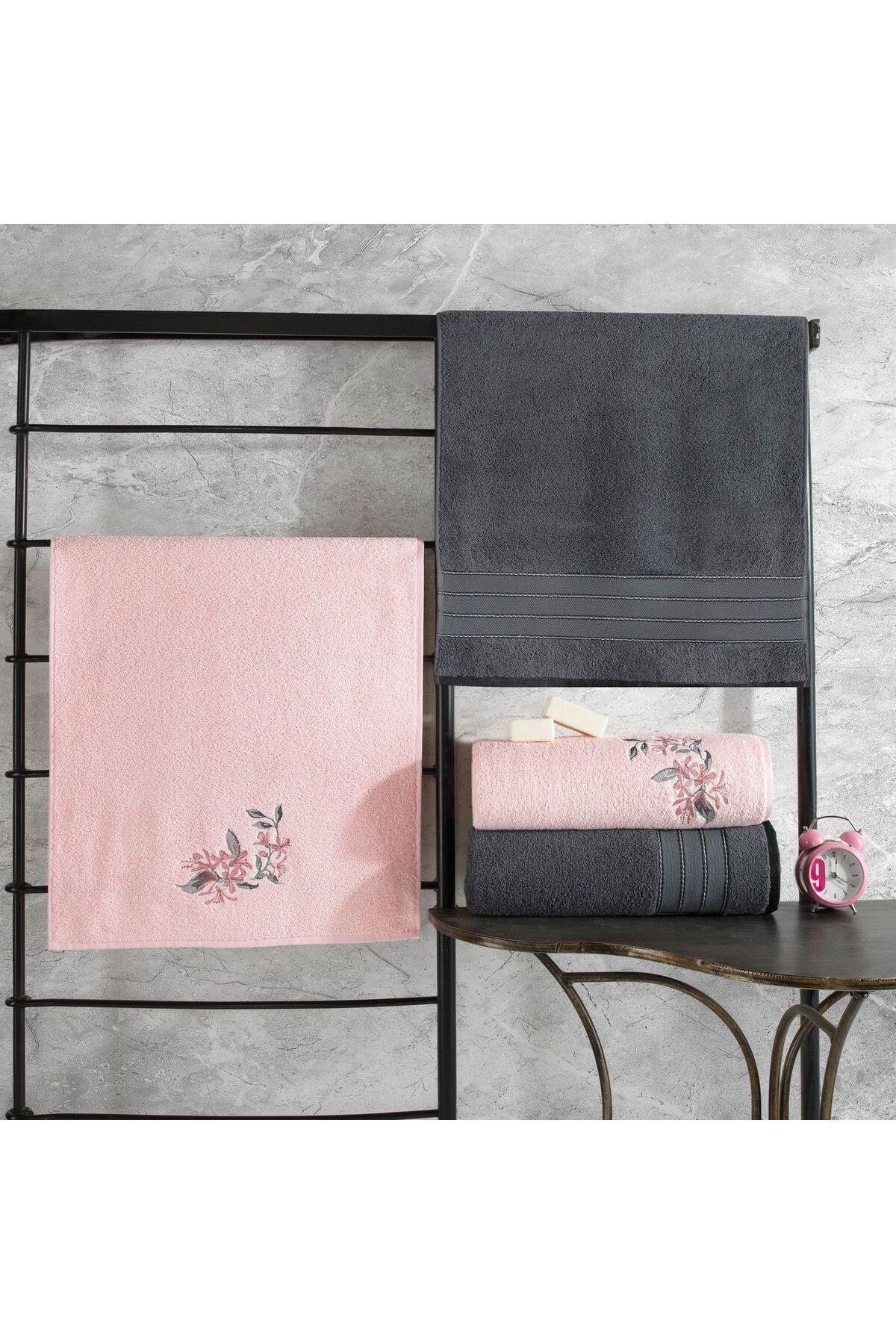 Towel Set (4 Pieces) Bath Towel: 90 X 150 Cm (2 Pieces) Hand Towel: 50 X 90 Cm (2 Pieces) Hamam SetÄ± Colorful - Anthracite, Pink