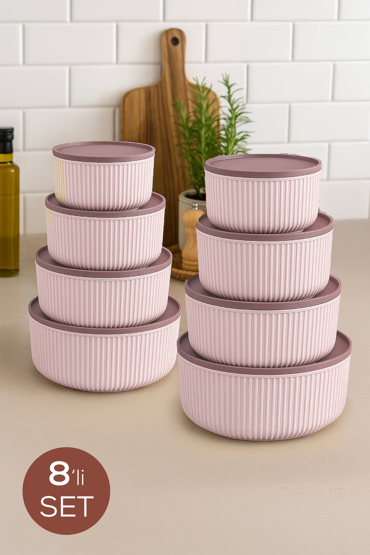 Set de 8 Recipiente Rotunde de Depozitare cu Dungi Roz | 2,5 1,5 0,80 0,45 L | Compatibil cu Cuptorul cu Microunde și Congelatorul